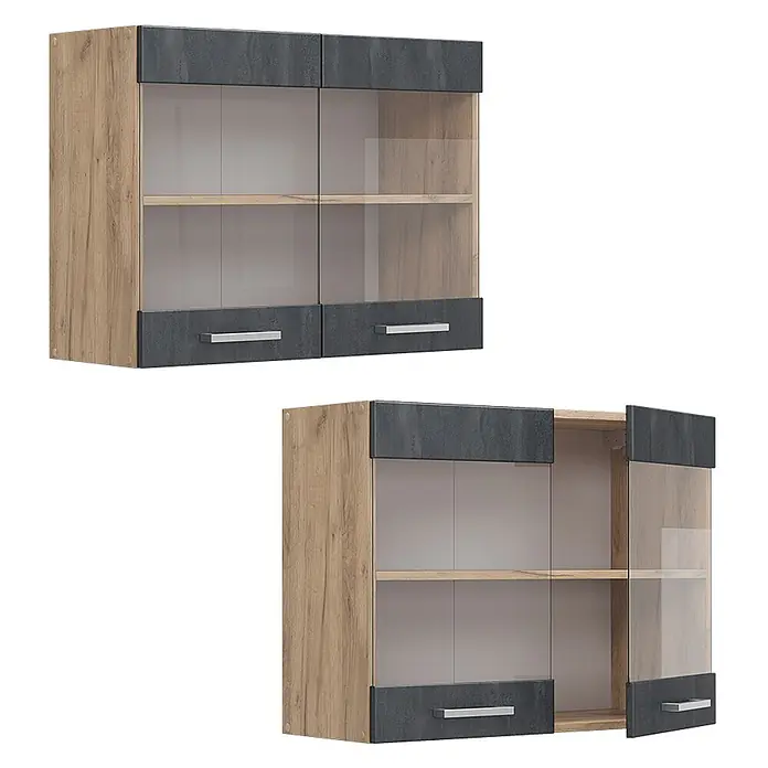 Vicco Schrankküche R-Line Schwarz Beton - Schwarz Beton, Hängeglasschrank 80 cm - Wandschrank in Holzoptik, Dunkelgrau, mit Glastüren und silbernen Griffen. Eine Tür ist geöffnet.
