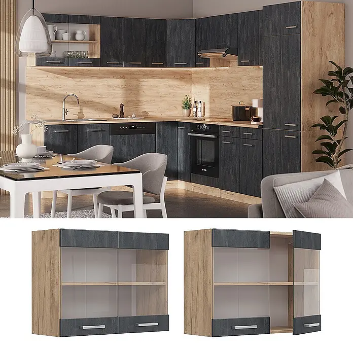 Vicco Schrankküche R-Line Schwarz Beton - Schwarz Beton, Hängeglasschrank 80 cm - Moderne Küche mit dunkelgrauen und hellen Holzschränken. Separate Vitrinen mit Glastüren, geschlossen und offen, sind ebenfalls abgebildet.