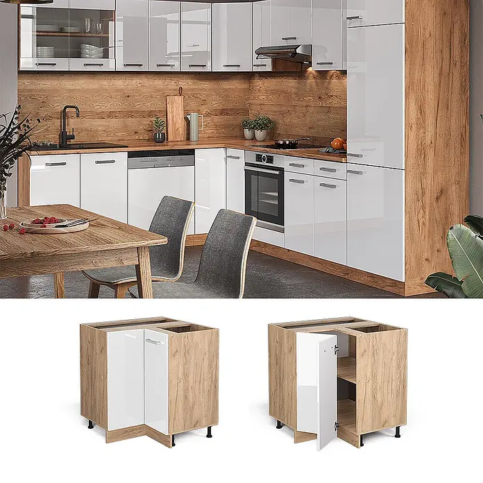 Vicco Schrankküche R-Line Weiß Hochglanz AP Marmor - Weiß Hochglanz, Eckunterschrank - Moderner Eckunterschrank für die Küche mit weißen Hochglanztüren und Holzmaserung, geschlossen und offen.