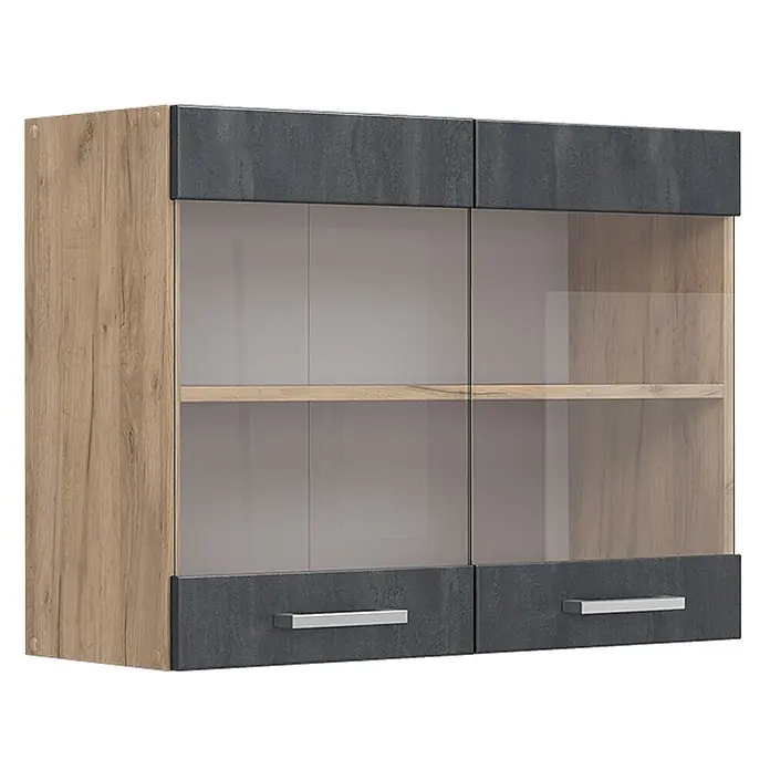 Vicco Schrankküche R-Line Schwarz Beton - Schwarz Beton, Hängeglasschrank 80 cm - Wandschrank in hellem Holz und Dunkelgrau, mit Glastüren und zwei unteren Schubladen.