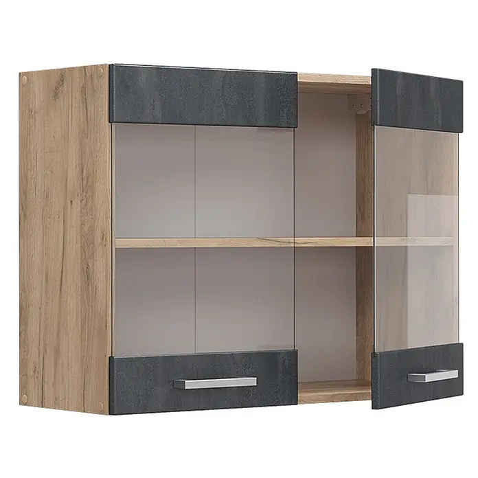 Vicco Schrankküche R-Line Schwarz Beton - Schwarz Beton, Hängeglasschrank 80 cm - Wandschrank in Holzoptik und Dunkelgrau mit Glastüren und zwei Regalböden, offen.