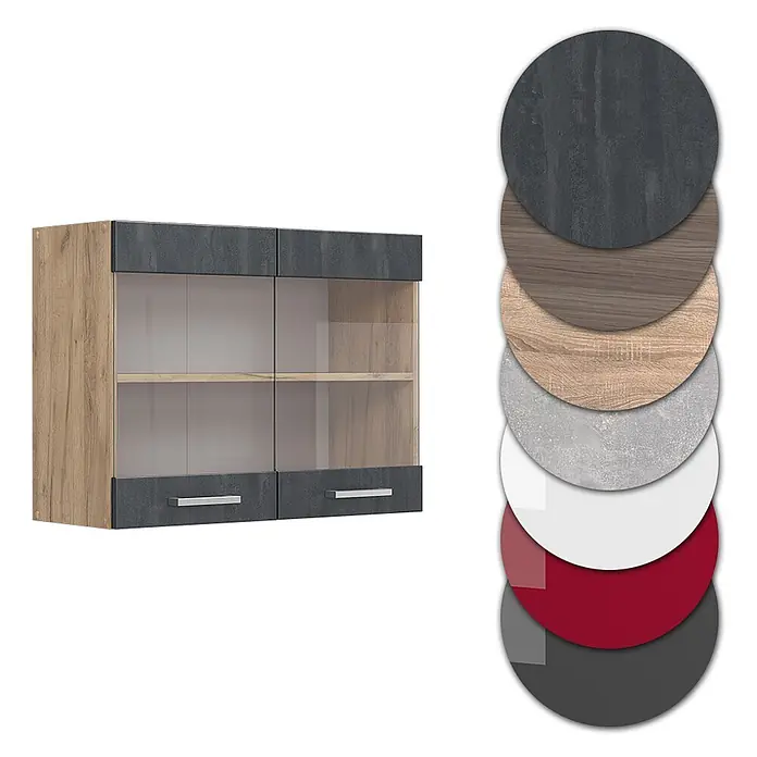 Vicco Schrankküche R-Line Schwarz Beton - Schwarz Beton, Hängeglasschrank 80 cm - Hängeschrank in Holzoptik und Dunkelgrau mit Glastüren, Schubladen und Materialmustern.