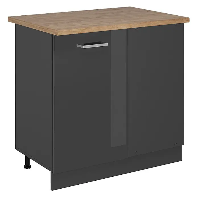 Vicco Schrankküche R-Line Anthrazit Hochglanz, AP Eiche - Anthrazit Hochglanz, Eckunterschrank 86 cm, AP Eiche - Anthrazitfarbener Küchenunterschrank mit heller Holzoptik-Arbeitsplatte und silbernem Griff.
