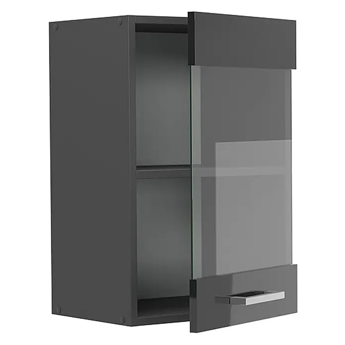 Vicco Schrankküche R-Line Anthrazit Hochglanz - Breite: 40 cm, Anthrazit Hochglanz, Hängeglasschrank 40 cm - Dunkelgrauer Hängeschrank mit teilweiser Milchglastür und Bodenschublade mit silbernem Griff.