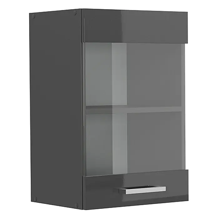Vicco Schrankküche R-Line Anthrazit Hochglanz - Breite: 40 cm, Anthrazit Hochglanz, Hängeglasschrank 40 cm - Dunkelgrauer Hängeschrank mit Glastür, Innenregalen und einer unteren Schublade mit silbernem Griff.