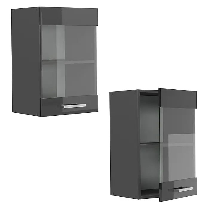 Vicco Schrankküche R-Line Anthrazit Hochglanz - Breite: 40 cm, Anthrazit Hochglanz, Hängeglasschrank 40 cm - Dunkelgrauer Hochglanz-Küchenhängeschrank mit Glastür, Einlegeboden und Schublade mit silbernem Griff.