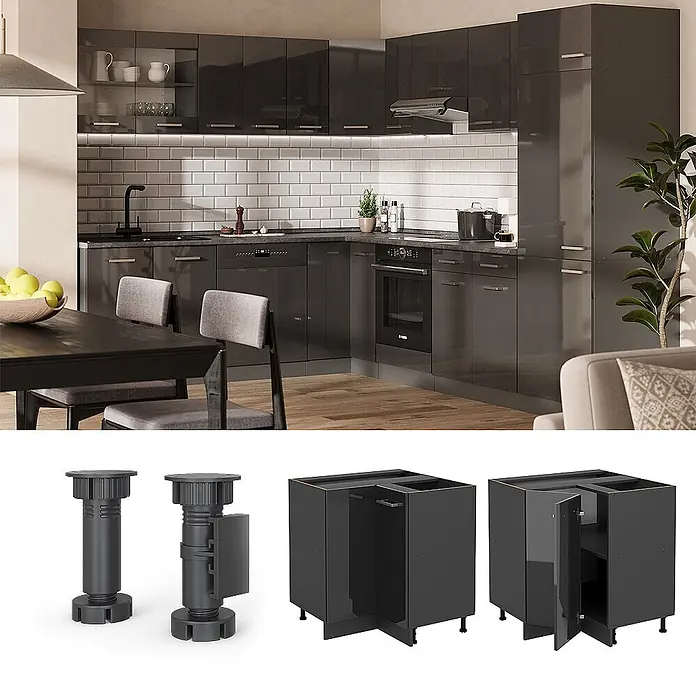 Vicco Schrankküche R-Line Anthrazit Hochglanz ohne Arbeitsplatte - Anthrazit Hochglanz, Eckunterschrank - Modernes, dunkelgraues Hochglanz-Küchenschranksystem mit Unter-, Hänge- und Hochschränken im eleganten Design.