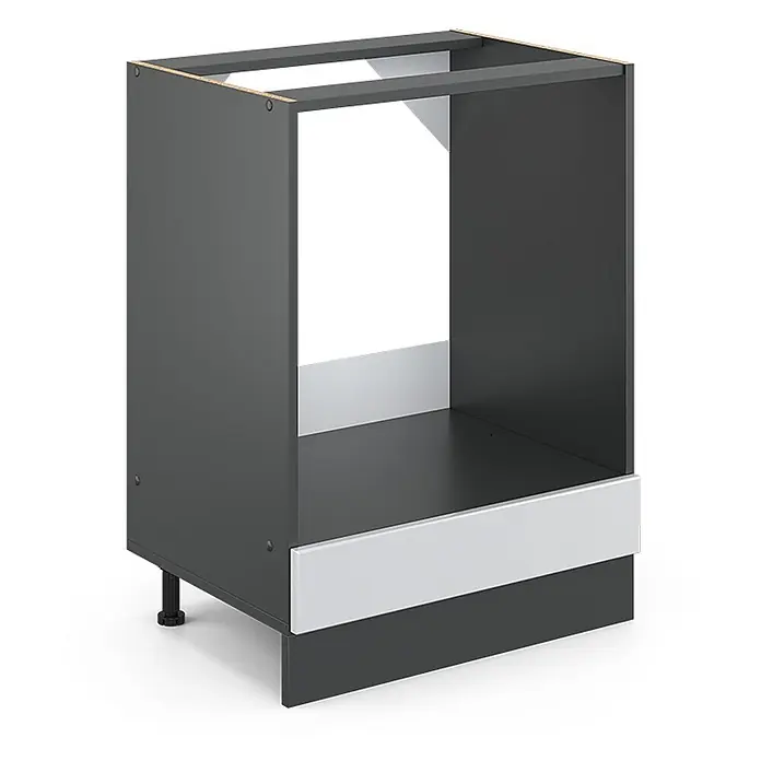 Vicco Schrankküche R-Line Weiß Landhaus, AP Eiche - Weiß Landhaus, Herdumbauschrank 60 cm, AP Eiche - Dunkelgrauer Küchenunterschrank-Korpus mit hellgrauer Sockelblende und sichtbarem Stellfuß.