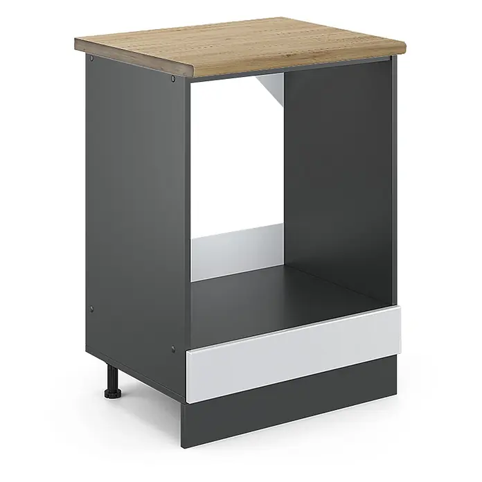 Vicco Schrankküche R-Line Weiß Landhaus, AP Eiche - Weiß Landhaus, Herdumbauschrank 60 cm, AP Eiche - Dunkelgrauer offener Unterschrank mit heller Holzplatte, silberfarbenen Akzenten und verstellbarem Fuß für vielseitige Aufbewahrung.