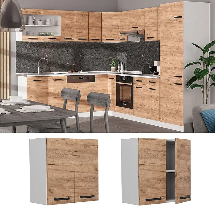 Vicco Schrankküche R-Line Goldkraft Eiche - Goldkraft Eiche, Hängeschrank 60 cm - Holzküchenhängeschrank mit schwarzen Griffen, geschlossen und geöffnet mit Regalen in einer modernen Küche gezeigt.