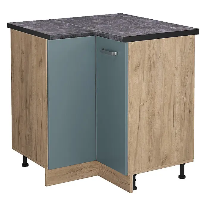 Vicco Schrankküche R-Line Blau-Grau, AP Anthrazit - Blau-Grau, Eckunterschrank, AP Anthrazit - Eckunterschrank für die Küche mit dunkelgrauer Arbeitsplatte, blaugrauen Türen und hellen Holzseiten.