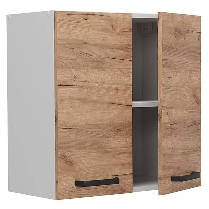 Vicco Schrankküche R-Line Goldkraft Eiche - Goldkraft Eiche, Hängeschrank 60 cm - Zweitüriger Wandschrank mit weißem Korpus, hellen Holzdekor-Türen und schwarzen Griffen. Die rechte Tür ist leicht geöffnet und zeigt ein Innenregal.