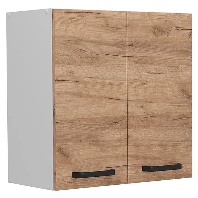 Vicco Schrankküche R-Line Goldkraft Eiche - Goldkraft Eiche, Hängeschrank 60 cm - Zweitüriger Wandschrank mit weißer Seitenwand und hellen Holzdekor-Türen mit schwarzen Griffen.