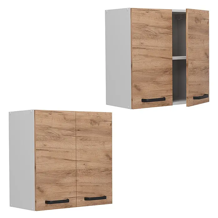 Vicco Schrankküche R-Line Goldkraft Eiche - Goldkraft Eiche, Hängeschrank 60 cm - Zwei Küchenoberschränke. Heller Korpus, holzmaserierte Türen, schwarze Griffe. Einer offen mit Regal, einer geschlossen.