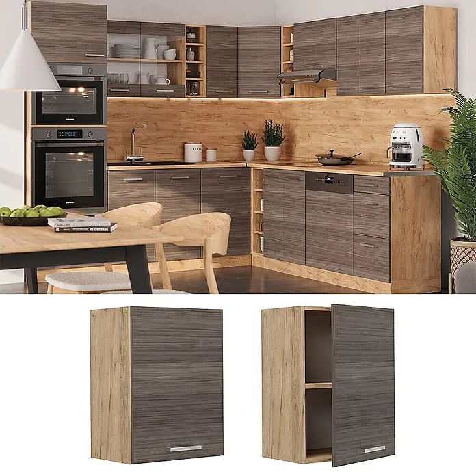 Vicco Schrankküche R-Line Edelgrau - Edelgrau, Hängeschrank 45 cm - Moderne Küche mit dunklen Holzmaserung-Schrankfronten und hellen Holzrahmen/Arbeitsplatten.