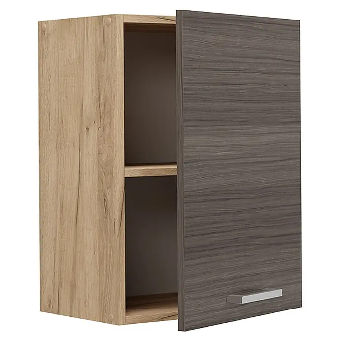 Vicco Schrankküche R-Line Edelgrau - Edelgrau, Hängeschrank 45 cm - Zweifarbiger Hängeschrank in heller und dunkler Holzoptik, mit offenem Fach und teilweise geöffneter Tür mit silbernem Griff.
