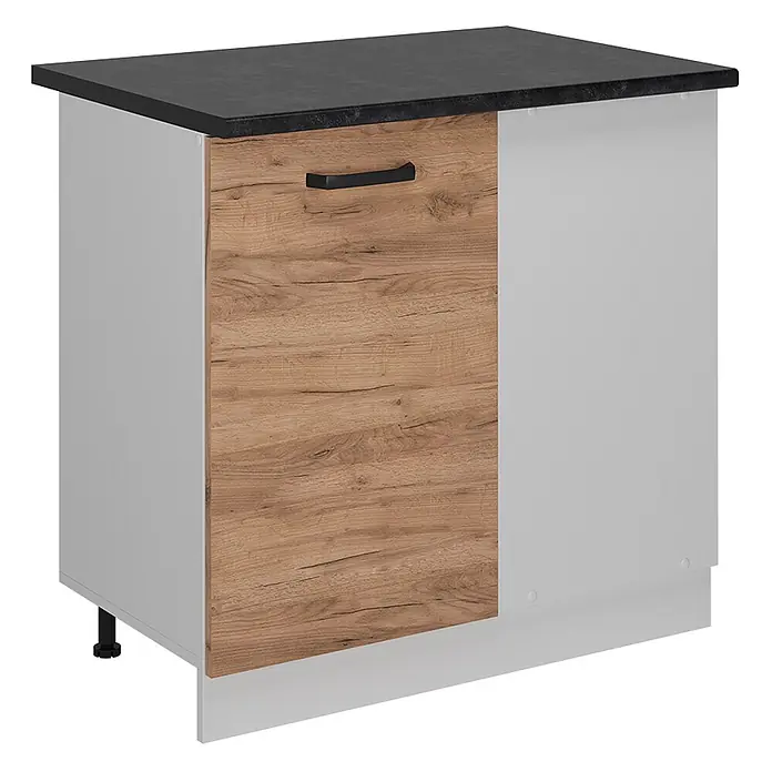 Vicco Schrankküche R-Line Goldkraft Eiche AP Anthrazit - Goldkraft Eiche, Eckunterschrank 86 cm, AP Anthrazit - Hellgrauer Küchenunterschrank mit schwarzer Arbeitsplatte und Holztür mit schwarzem Griff.