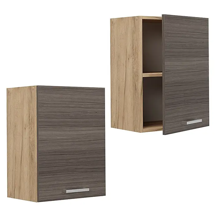 Vicco Schrankküche R-Line Edelgrau - Edelgrau, Hängeschrank 45 cm - Zweifarbiger Wandschrank mit heller und dunkler Holzoptik, geschlossen und offen mit einem Regal und Silbergriff.