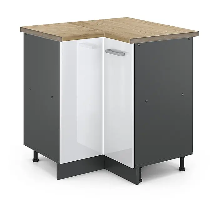 Vicco Schrankküche R-Line Weiß Hochglanz, AP Eiche - Weiß Hochglanz, Eckunterschrank - Eckküchenschrank mit Holz-Arbeitsplatte, dunkelgrauen Seiten und weißen Türen.