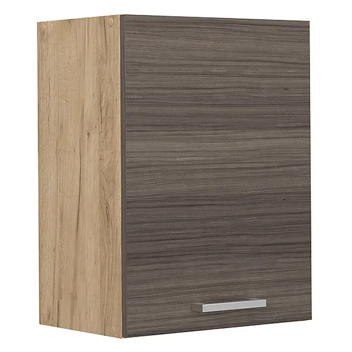 Vicco Schrankküche R-Line Edelgrau - Edelgrau, Hängeschrank 45 cm - Zweifarbiger Hängeschrank mit heller Holzseite und dunkler Holzmaserungsfront mit silbernem Griff.