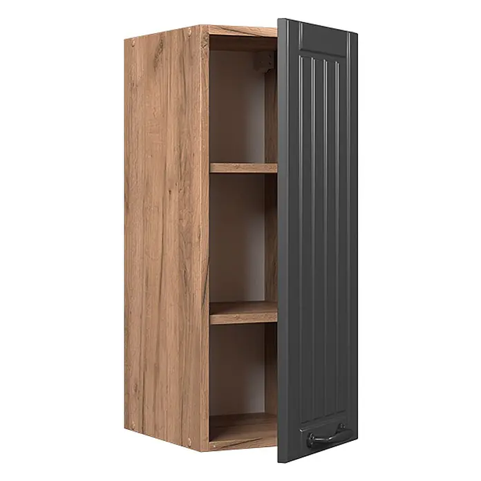 Vicco Schrankküche Fame-Line Dunkelgrau - Dunkelgrau, Hängeschrank 30 cm - Wandschrank mit Holzoptikrahmen und offener dunkelgrauer Lamellentür, innen Regale.