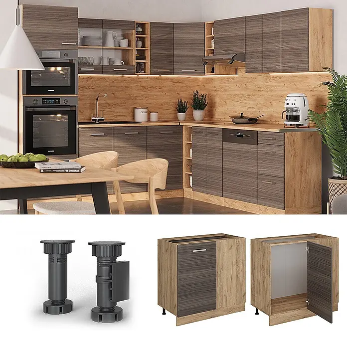 Vicco Schrankküche R-Line Edelgrau, AP Eiche - Edelgrau, Eckunterschrank 86 cm, AP Eiche - Modulare Küchenschränke in zweifarbigem Holz-Look, mit dunkelgraubraunem und hellem Naturholz, sowie verstellbaren Füßen.