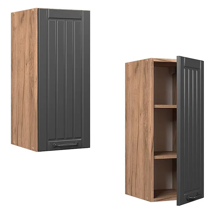 Vicco Schrankküche Fame-Line Dunkelgrau - Dunkelgrau, Hängeschrank 30 cm - Zwei Küchenhängeschränke: heller Holzkorpus, dunkelgraue gerillte Türen mit Griffen. Einer offen, mit Regalböden.