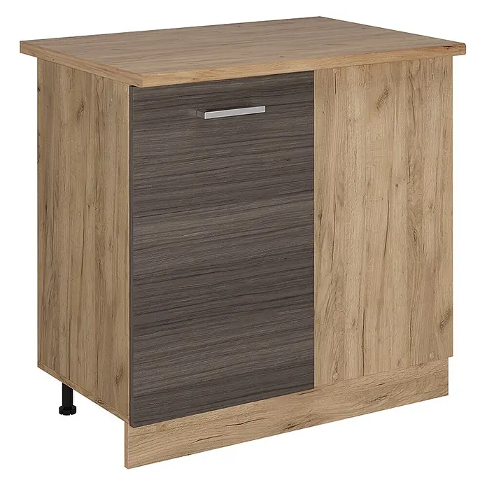 Vicco Schrankküche R-Line Edelgrau, AP Eiche - Edelgrau, Eckunterschrank 86 cm, AP Eiche - Kompakter zweifarbiger Holzschrank mit hellem Eichenrahmen und dunkler Holzfront, inklusive silbernem Griff.