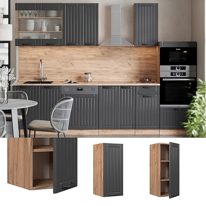 Vicco Schrankküche Fame-Line Dunkelgrau - Dunkelgrau, Hängeschrank 30 cm - Moderne anthrazitfarbene Küchenmöbel mit vertikalen Rillen und schwarzen Griffen, ergänzt durch Holzelemente.