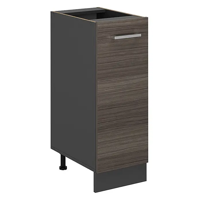 Vicco Schrankküche R-Line Edelgrau ohne Arbeitsplatte - Edelgrau, Apothekerunterschrank 30 cm - Dunkelgrauer Unterschrank mit dunkler Holzmaserungstür und silbernem Griff. Mit verstellbaren Füßen und Sockelblende.