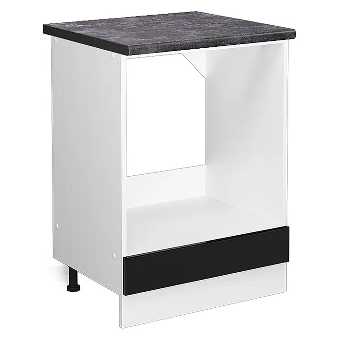 Vicco Schrankküche R-Line Schwarz Hochglanz, AP Anthrazit - Schwarz Hochglanz, Herdumbauschrank 60 cm, AP Anthrazit - Weißer Küchenunterschrank mit dunkelgrauer Arbeitsplatte, offenem Fach und schwarzer Blende/Griff.