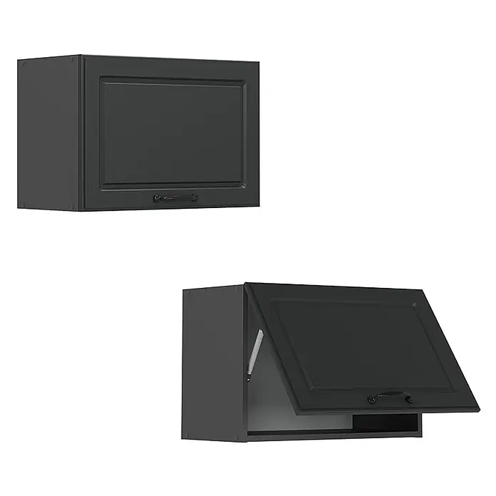 Vicco Schrankküche R-Line Anthrazit Landhaus Flach - Anthrazit Landhaus, Hängeschrank 60 cm (flach) - Dunkelgrauer Hängeschrank mit Rahmenfront und Lifttür, geschlossen und geöffnet gezeigt.