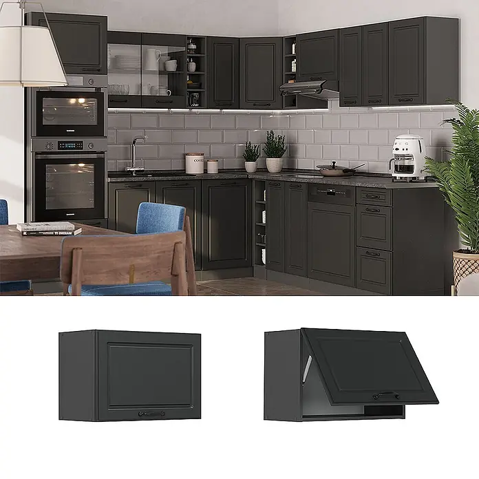 Vicco Schrankküche R-Line Anthrazit Landhaus Flach - Anthrazit Landhaus, Hängeschrank 60 cm (flach) - Dunkelgrauer Küchenoberschrank mit nach oben öffnender Tür.