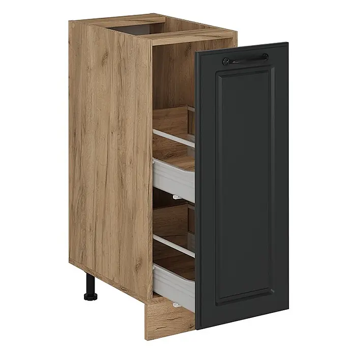 Vicco Schrankküche R-Line Anthrazit Landhaus, AP Eiche - Anthrazit Landhaus, Apothekerunterschrank 30 cm, AP Eiche - Heller Holzoptik-Küchenunterschrank mit dunkelgrauer Shaker-Tür und internen Auszugsschränken, einer teilweise geöffnet.