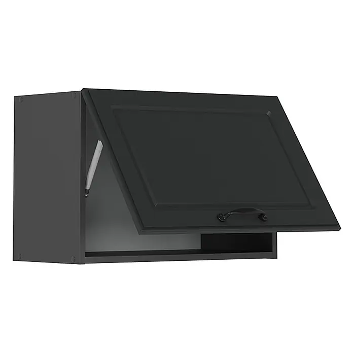 Vicco Schrankküche R-Line Anthrazit Landhaus Flach - Anthrazit Landhaus, Hängeschrank 60 cm (flach) - Dunkelgrauer Hängeschrank mit nach oben öffnender Tür, Gasfeder, Zierleiste und Griff. Mit offenem Ablagefach darunter.