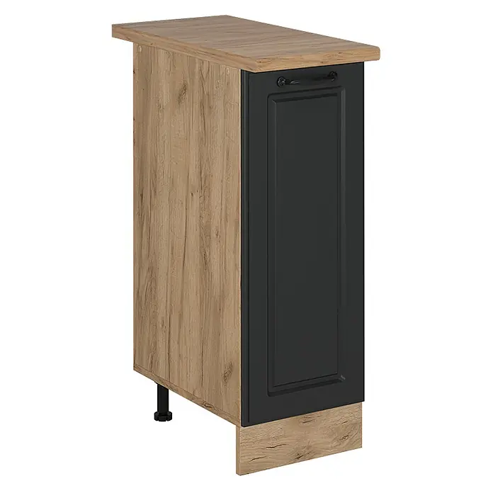 Vicco Schrankküche R-Line Anthrazit Landhaus, AP Eiche - Anthrazit Landhaus, Apothekerunterschrank 30 cm, AP Eiche - Moderner Küchenunterschrank mit Holzplatte und -seite, schwarzer Tür mit Griff und verstellbaren Füßen.