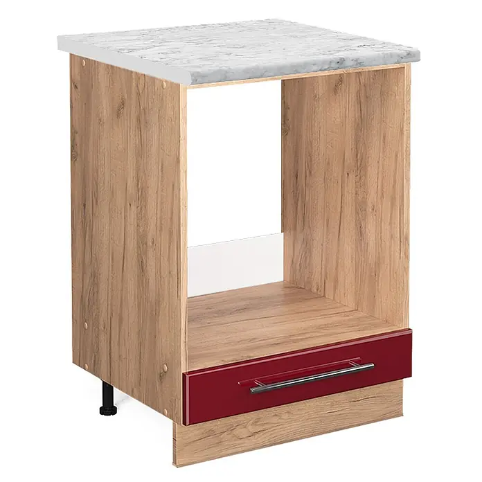 Vicco Schrankküche Fame-Line Bordeaux Hochglanz, AP Marmor - Bordeaux Hochglanz, Herdumbauschrank 60 cm, AP Marmor - Heller Holz-Küchenunterschrank mit Marmor-Effekt-Platte, offenem Fach für Geräte und glänzender roter Schublade mit Griff.