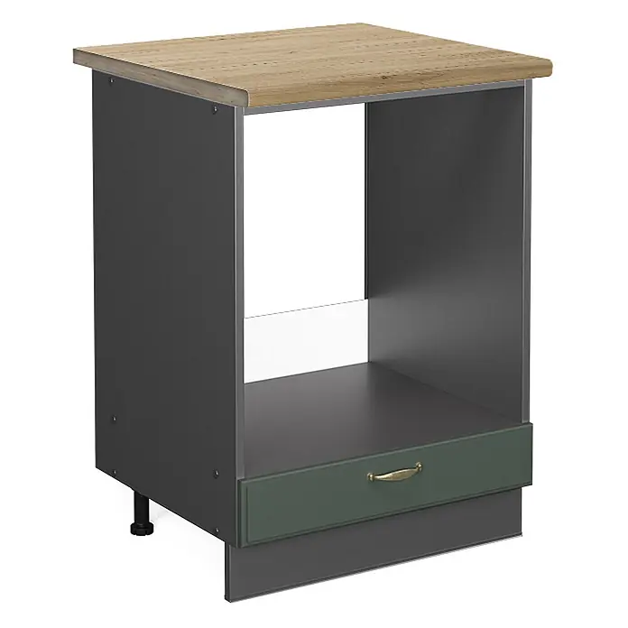 Vicco Schrankküche Fame-Line Grün-Gold Landhaus, AP Eiche - Grün-Gold Landhaus, Herdumbauschrank 60 cm, AP Eiche - Dunkelgrauer Unterschrank mit heller Holzplatte, offenem Fach und einer dunkelgrünen Schublade mit Messinggriff.