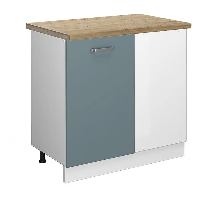 Vicco Schrankküche R-Line Blau-Grau, AP Eiche - Blau-Grau, Eckunterschrank 86 cm, AP Eiche - Küchenunterschrank mit heller Holzplatte, weißem Korpus und blau-grauer Tür mit silbernem Griff. Mit weißem Sockel.