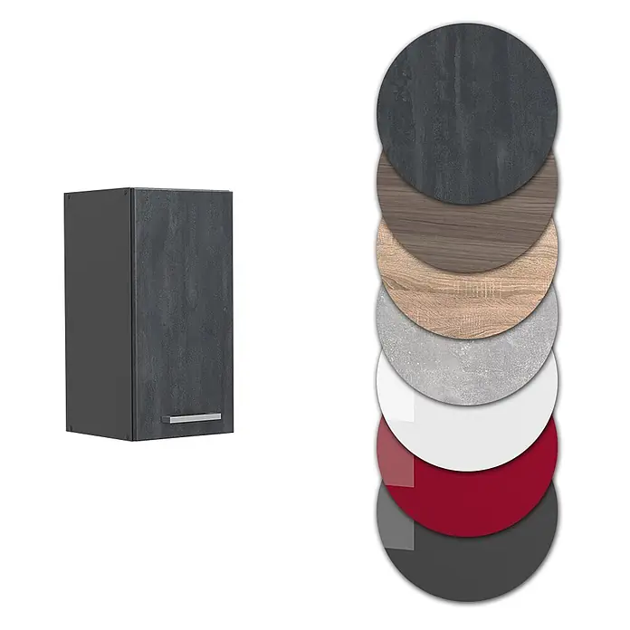 Vicco Hängeschrank R-Line, Schwarz Beton, 30 cm -  - Dunkelgrauer strukturierter Hängeschrank mit Silbergriff, präsentiert mit verschiedenen Oberflächenmustern.