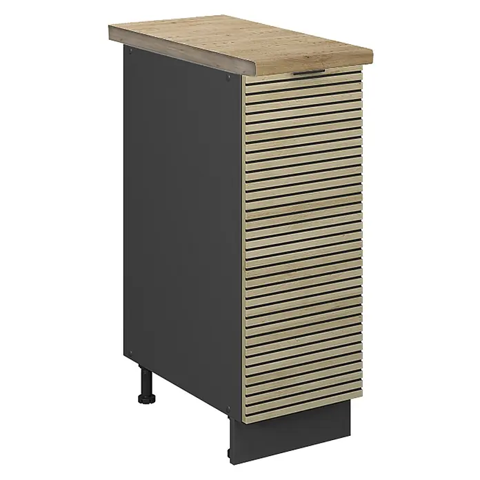 Vicco Schrankküche Fame-Line Eiche Paneel, AP Eiche - Eiche Paneel, Apothekerunterschrank 30 cm, AP Eiche - Schmaler Schrank mit Holzplatte, dunkelgrauer Seite und heller Holzlamellenfront.