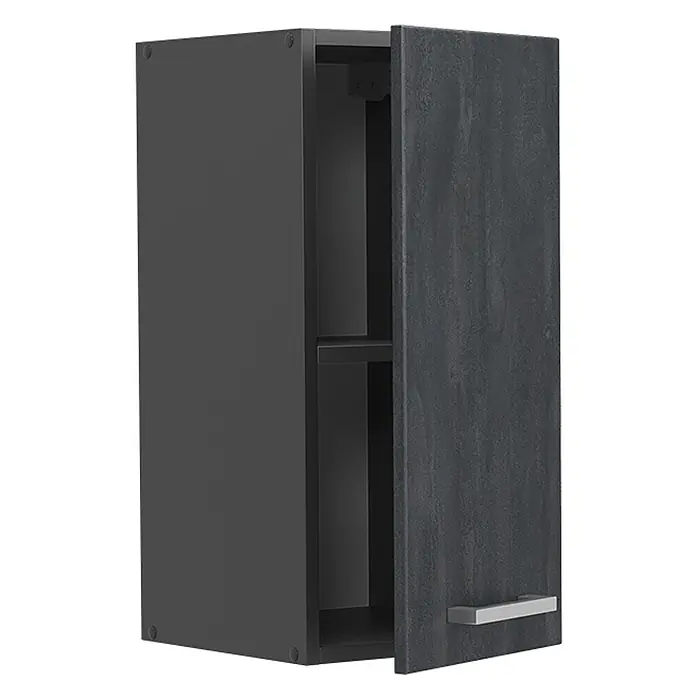 Vicco Hängeschrank R-Line, Schwarz Beton, 30 cm -  - Dunkelgrauer Wandschrank mit texturierter Tür, geöffnet, zeigt ein Regal und silbernen Griff.