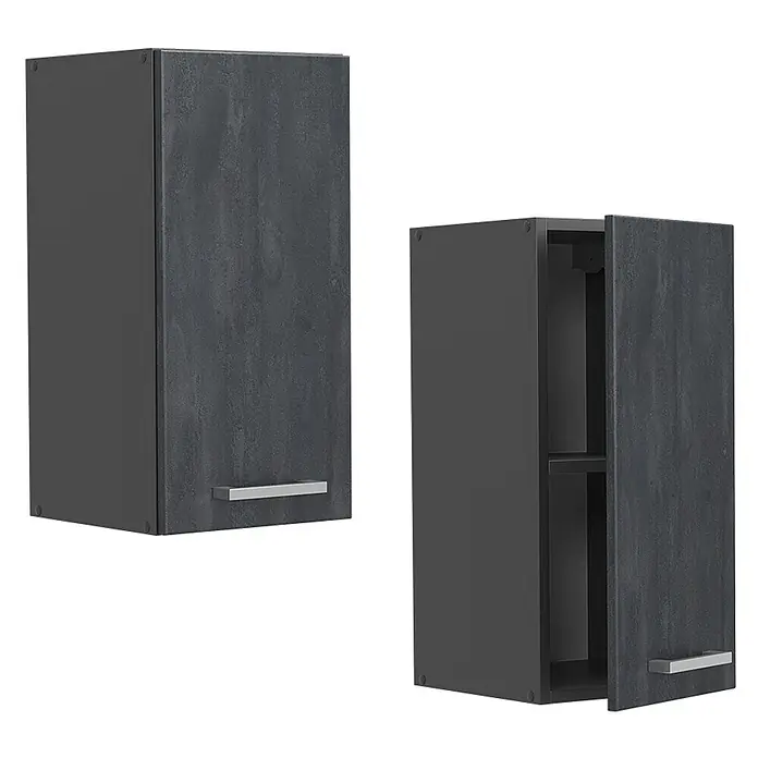 Vicco Hängeschrank R-Line, Schwarz Beton, 30 cm -  - Zwei anthrazitfarbene Hängeschränke mit strukturierten Türen und silbernen Griffen, einer offen mit Regal.