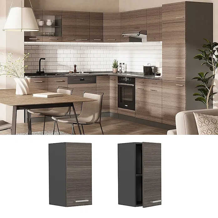 Vicco Schrankküche R-Line Edelgrau - Edelgrau, Hängeschrank 30 cm - Moderne Küche mit dunklen Holzmaserungsschränken. Detailansichten zeigen einen Hängeschrank, geschlossen und offen mit Innenfächern.