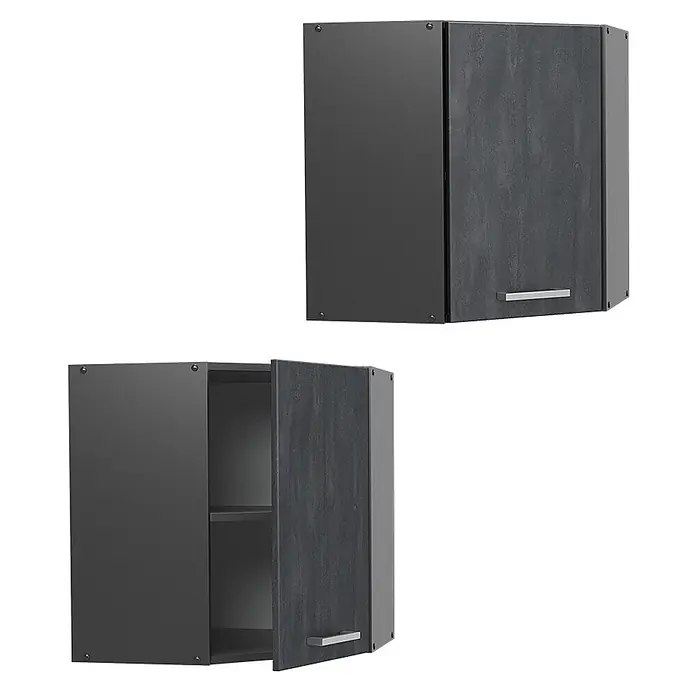 Vicco Eckhängeschrank R-Line, Schwarz Beton, 57 cm -  - Dunkelgrauer Wandschrank mit texturierter Tür und silbernem Griff, geschlossen und leicht geöffnet mit Regal.