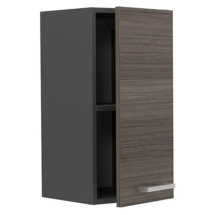 Vicco Schrankküche R-Line Edelgrau - Edelgrau, Hängeschrank 30 cm - Dunkelgrauer Wandschrank mit strukturierter brauner Holztür und silbernem Griff, offenbart ein Innenregal.