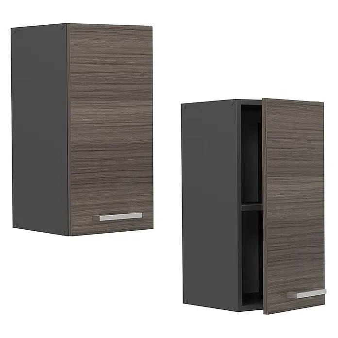 Vicco Schrankküche R-Line Edelgrau - Edelgrau, Hängeschrank 30 cm - Zwei dunkelgraue Hängeschränke mit dunklen Holzmaserungstüren und silbernen Griffen, einer geschlossen, einer offen mit Einlegeboden.