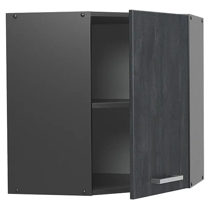 Vicco Eckhängeschrank R-Line, Schwarz Beton, 57 cm -  - Dunkelgrauer Wandschrank mit strukturierter, geöffneter Tür, der Innenfächer zeigt.