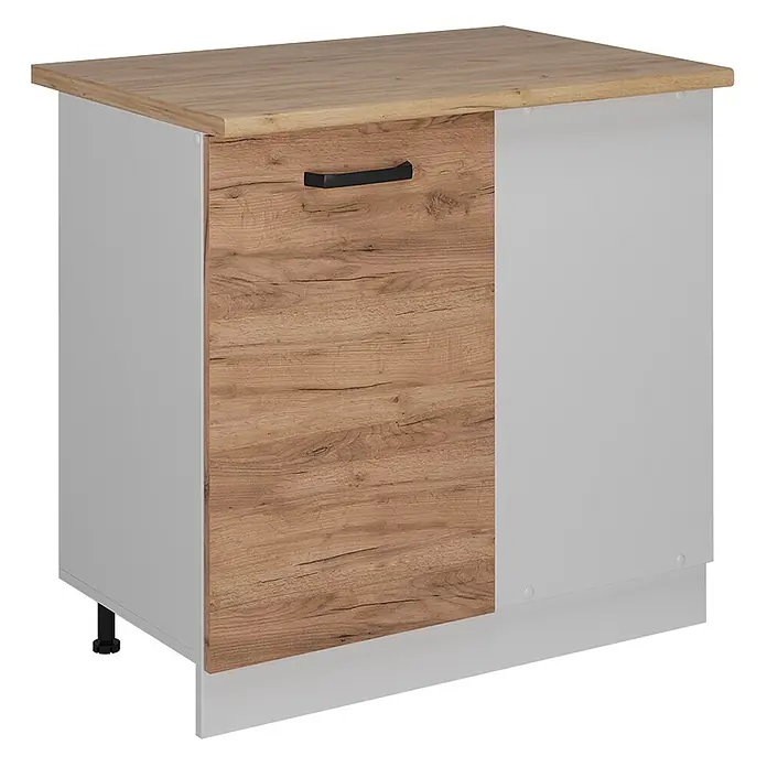 Vicco Schrankküche R-Line Goldkraft Eiche AP Eiche - Goldkraft Eiche, Eckunterschrank 86 cm, AP Eiche - Küchenunterschrank mit Arbeitsplatte und Front in heller Holzoptik, weißem Korpus und schwarzem Griff.