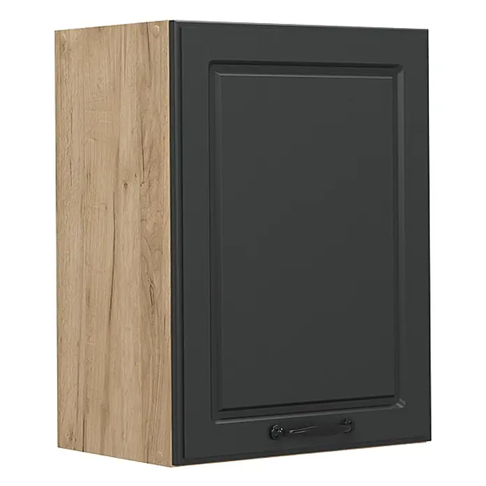 Vicco Schrankküche R-Line Anthrazit Landhaus - Anthrazit Landhaus, Hängeschrank 45 cm - Wandschrank mit heller Holzoptik-Seite und dunkelgrauer Rahmentür mit schwarzem Griff.